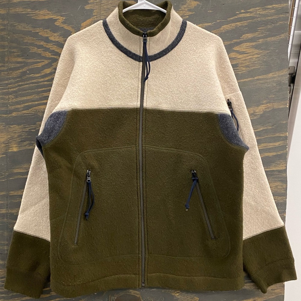 J.Crew Wool Fleece Jacket Men’s M Olive Cream Gray Colorblock Zip Front Pockets